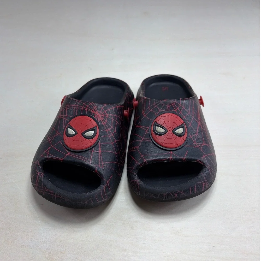 Marvel Spider-Man Kids Slip On Sandals Black Red Web Pattern Slides Size 12
